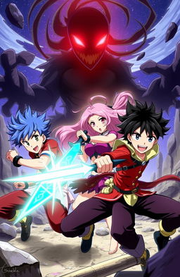 An exciting anime scene featuring two young male heroes and one female hero battling against a dark, shadowy creature