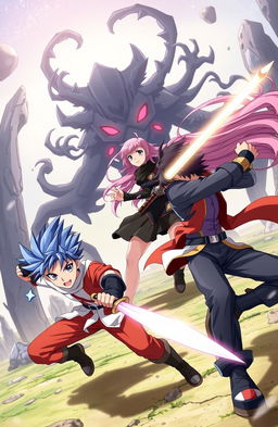 An exciting anime scene featuring two young male heroes and one female hero battling against a dark, shadowy creature