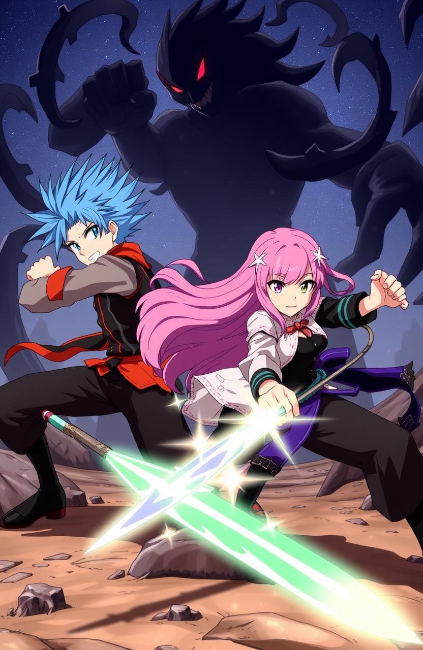 An exciting anime scene featuring two young male heroes and one female hero battling against a dark, shadowy creature