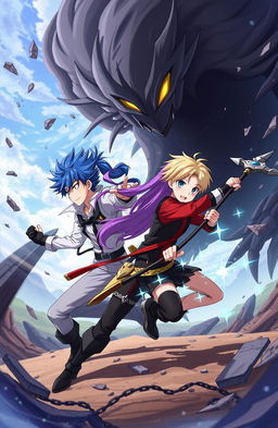 An anime-style illustration featuring three young men and one young woman courageously battling against a dark, ominous shadow creature