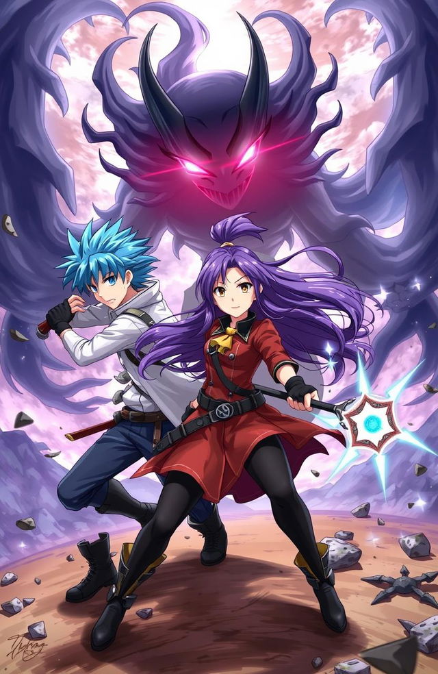 An anime-style illustration featuring three young men and one young woman courageously battling against a dark, ominous shadow creature