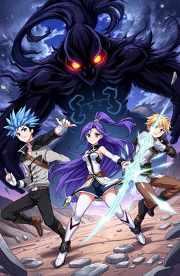 An anime-style illustration featuring three young men and one young woman courageously battling against a dark, ominous shadow creature