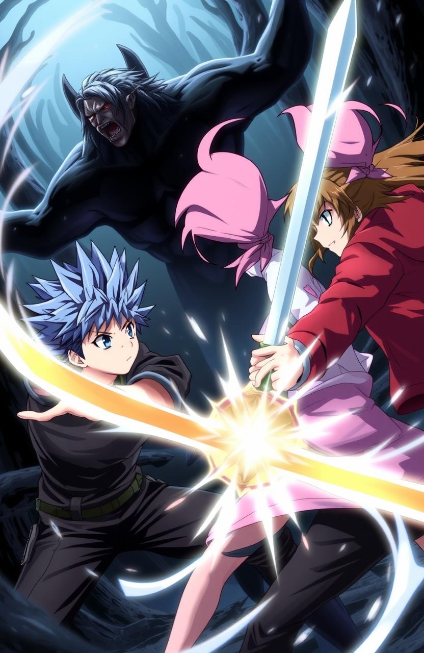 Two anime-style young men and one young woman engaged in an epic battle against a shadowy creature