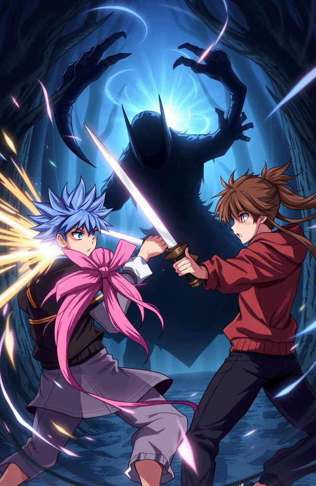 Two anime-style young men and one young woman engaged in an epic battle against a shadowy creature