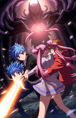 Two anime-style young men and one young woman engaged in an epic battle against a shadowy creature