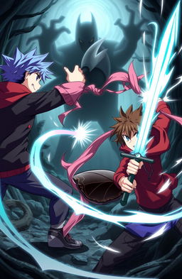 Two anime-style young men and one young woman engaged in an epic battle against a shadowy creature