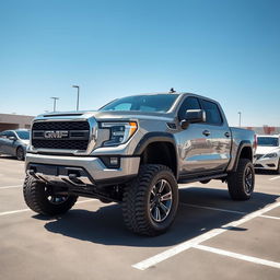 A rugged pickup truck with a high suspension, parked confidently in a modern parking lot