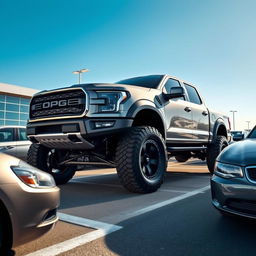 A rugged pickup truck with a high suspension, parked confidently in a modern parking lot