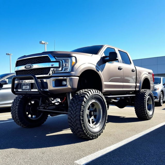 A rugged pickup truck with a high suspension, parked confidently in a modern parking lot