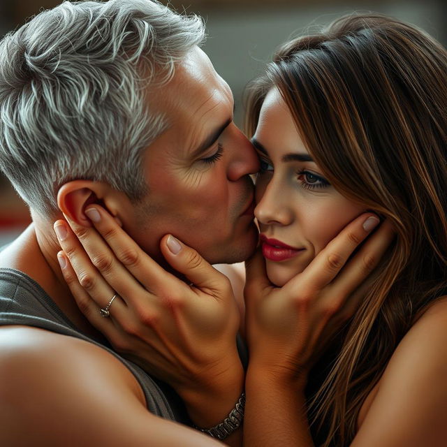 A tender moment captured between a couple as they kiss passionately