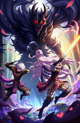 An exciting anime scene featuring two male warriors and one female warrior battling against a large, ominous shadow creature