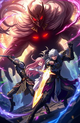 An exciting anime scene featuring two male warriors and one female warrior battling against a large, ominous shadow creature