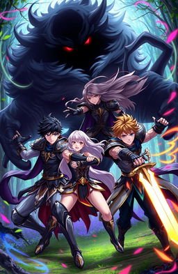 An exciting anime scene featuring two male warriors and one female warrior battling against a large, ominous shadow creature