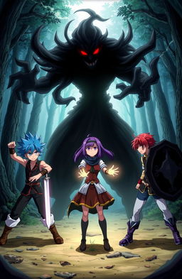 An exciting anime scene featuring three male heroes and one female heroine standing bravely against a dark, ominous shadow monster