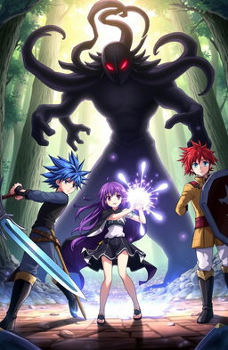 An exciting anime scene featuring three male heroes and one female heroine standing bravely against a dark, ominous shadow monster