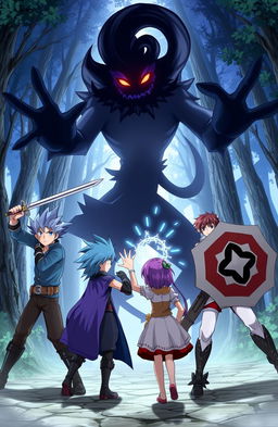 An exciting anime scene featuring three male heroes and one female heroine standing bravely against a dark, ominous shadow monster