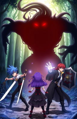 An exciting anime scene featuring three male heroes and one female heroine standing bravely against a dark, ominous shadow monster