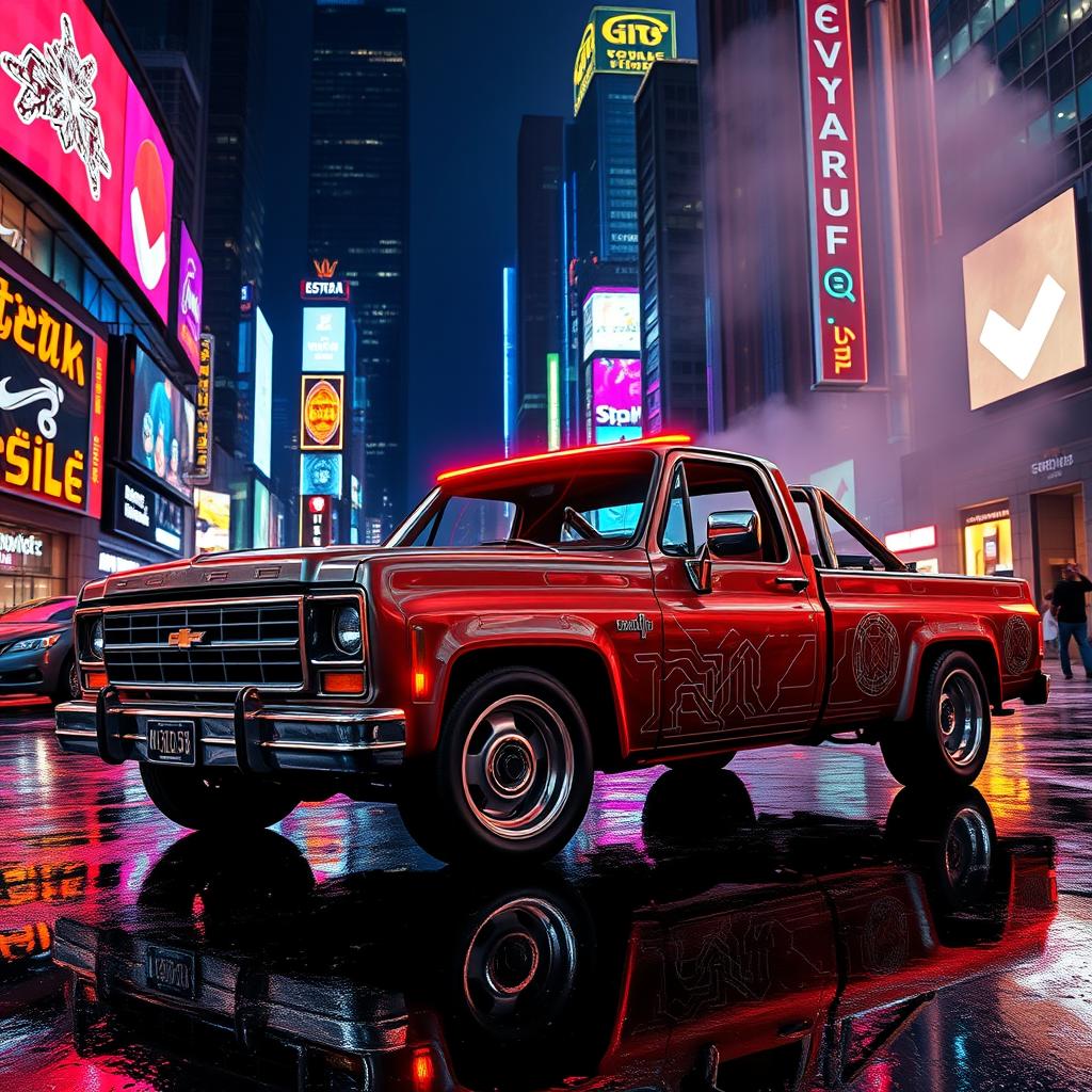 A vintage pickup truck with retro cyberpunk aesthetics, featuring neon lights, intricate glowing circuit patterns, and a sleek metallic finish