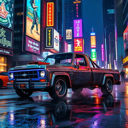 A vintage pickup truck with retro cyberpunk aesthetics, featuring neon lights, intricate glowing circuit patterns, and a sleek metallic finish