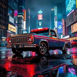 A vintage pickup truck with retro cyberpunk aesthetics, featuring neon lights, intricate glowing circuit patterns, and a sleek metallic finish