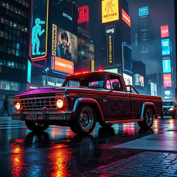 A vintage pickup truck with retro cyberpunk aesthetics, featuring neon lights, intricate glowing circuit patterns, and a sleek metallic finish