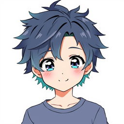A simple hairstyle for an anime boy, featuring medium-length spiky hair with soft, tousled strands and a color gradient from dark blue at the roots to light turquoise at the tips