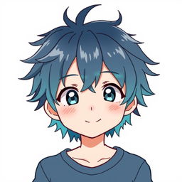 A simple hairstyle for an anime boy, featuring medium-length spiky hair with soft, tousled strands and a color gradient from dark blue at the roots to light turquoise at the tips