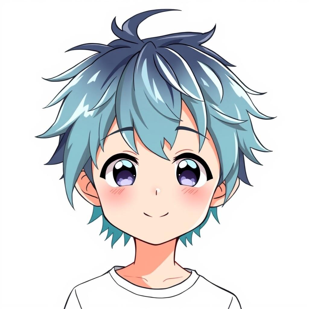 A simple hairstyle for an anime boy, featuring medium-length spiky hair with soft, tousled strands and a color gradient from dark blue at the roots to light turquoise at the tips