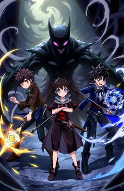 Anime scene featuring three young men with black hair and one girl teaming up to battle a dark shadow creature