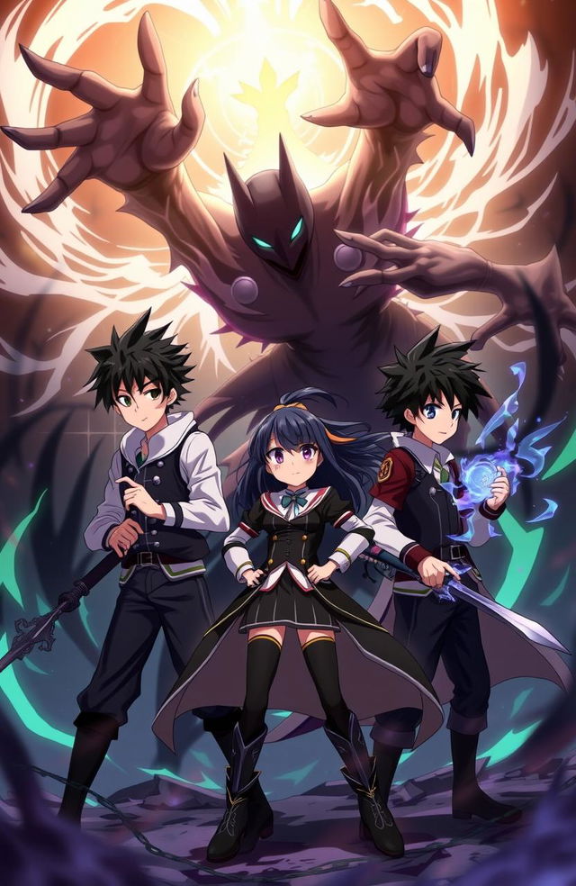 Anime scene featuring three young men with black hair and one girl teaming up to battle a dark shadow creature