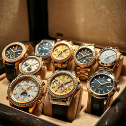 A collection of luxury watches displayed in an elegant manner
