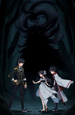 A dynamic anime scene featuring three male characters with black hair and one female character standing courageously, facing a menacing shadowy monster