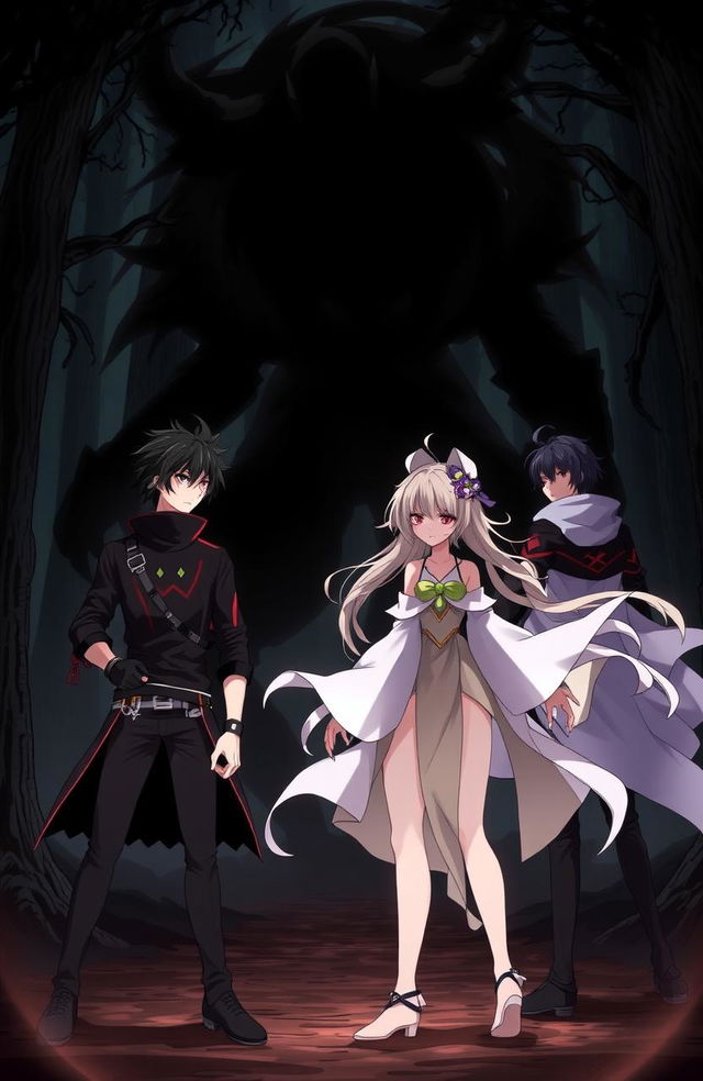 A dynamic anime scene featuring three male characters with black hair and one female character standing courageously, facing a menacing shadowy monster