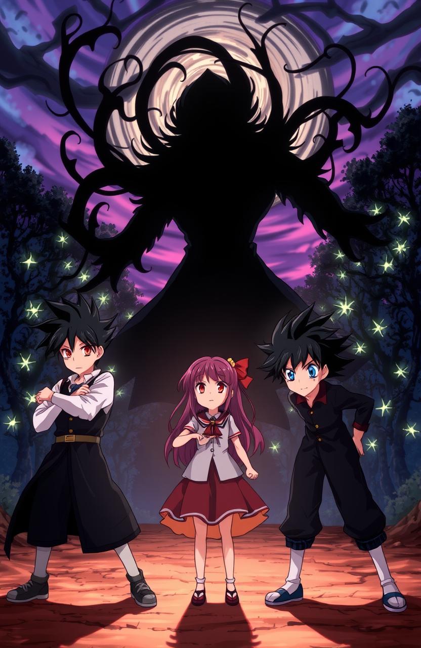 An intense anime scene featuring three young males with black hair, each displaying unique hairstyles and distinct outfits, standing in a defensive stance