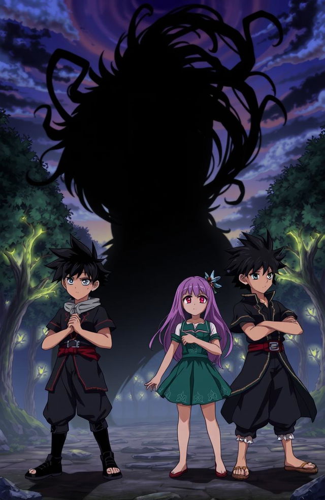 An intense anime scene featuring three young males with black hair, each displaying unique hairstyles and distinct outfits, standing in a defensive stance