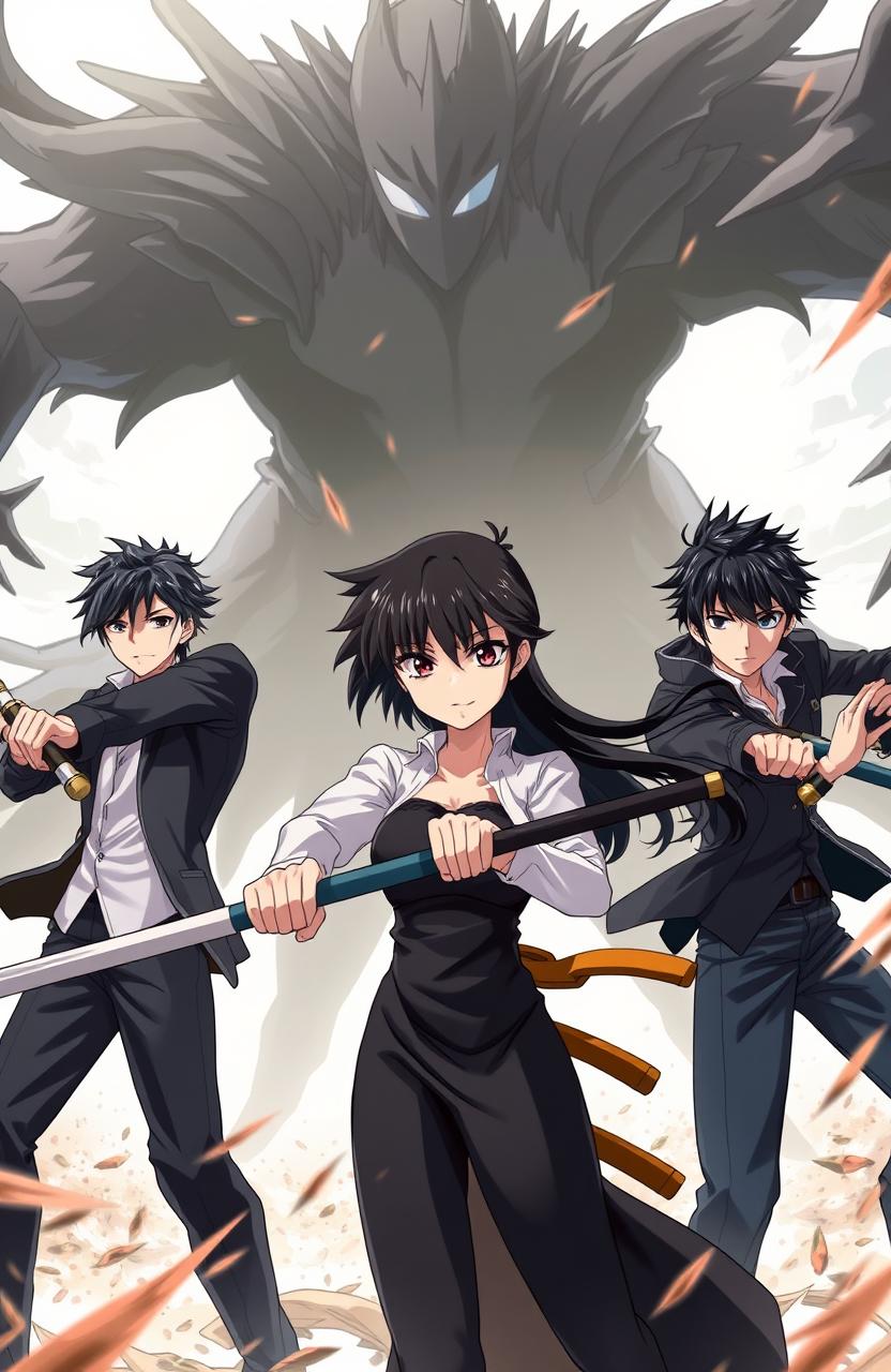 A dynamic anime scene featuring three young men with black hair and one 20-year-old woman, all in a battle against a shadowy figure