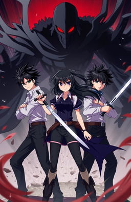 A dynamic anime scene featuring three young men with black hair and one 20-year-old woman, all in a battle against a shadowy figure