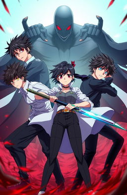 A dynamic anime scene featuring three young men with black hair and one 20-year-old woman, all in a battle against a shadowy figure