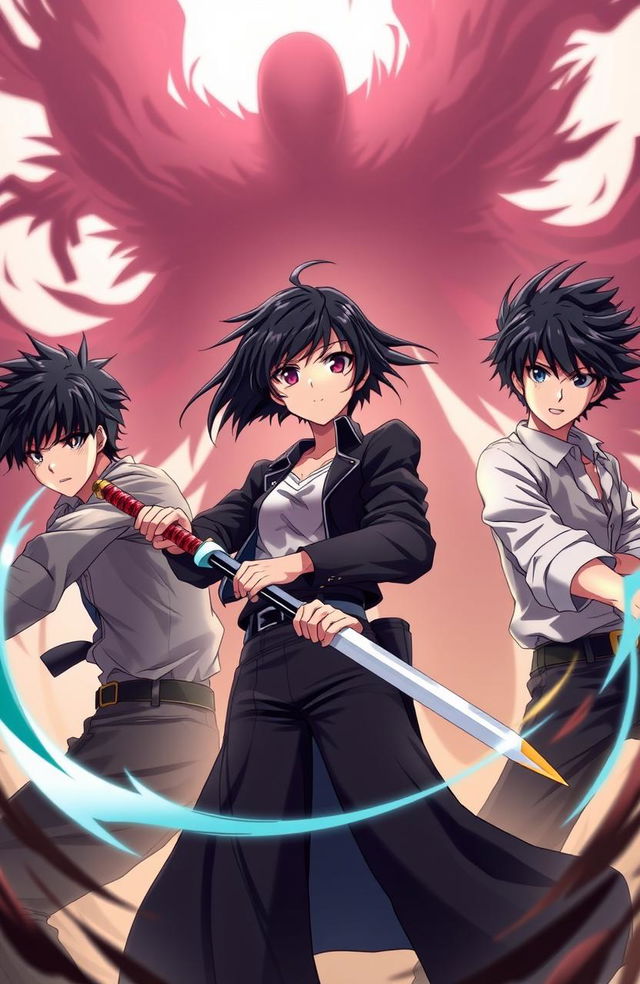 A dynamic anime scene featuring three young men with black hair and one 20-year-old woman, all in a battle against a shadowy figure