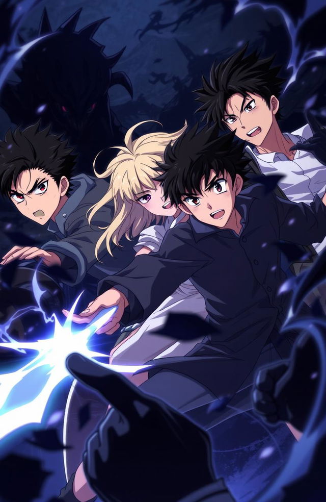 An anime scene featuring three young men with black hair and one young woman with cream-colored hair, all around 20 years old, engaged in a dynamic battle against shadowy creatures