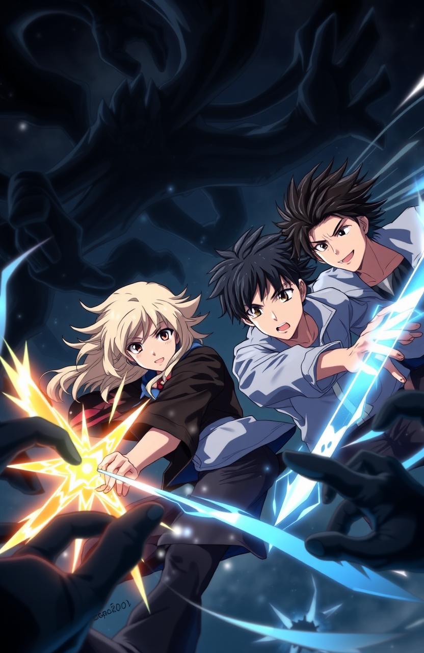 An anime scene featuring three young men with black hair and one young woman with cream-colored hair, all around 20 years old, engaged in a dynamic battle against shadowy creatures