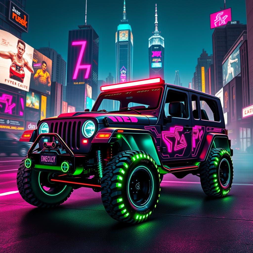 A retro-style cyberpunk jeep, featuring bold neon colors and futuristic design elements