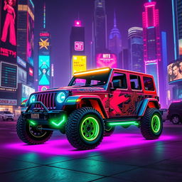 A retro-style cyberpunk jeep, featuring bold neon colors and futuristic design elements
