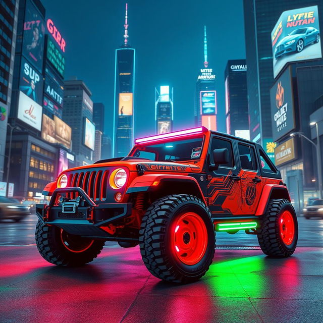 A retro-style cyberpunk jeep, featuring bold neon colors and futuristic design elements