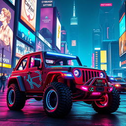 A retro-style cyberpunk jeep, featuring bold neon colors and futuristic design elements