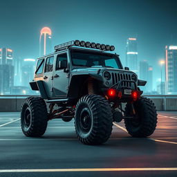 A retro-style cyberpunk jeep parked in an urban parking lot, showcasing its high suspension and rugged design