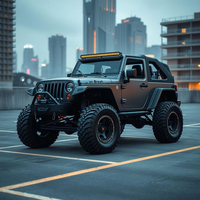 A retro-style cyberpunk jeep parked in an urban parking lot, showcasing its high suspension and rugged design