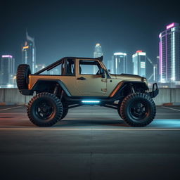 A retro-style cyberpunk jeep parked in an urban parking lot, showcasing its high suspension and rugged design