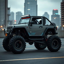 A retro-style cyberpunk jeep parked in an urban parking lot, showcasing its high suspension and rugged design