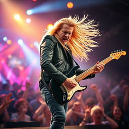 A 30-year-old blonde guitarist performing passionately on stage, his long hair flowing as he strums an electric guitar, surrounded by colorful stage lights